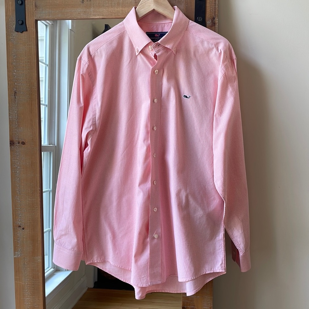 Vineyard Vines Pink Mini Check Whale Shirt Size M